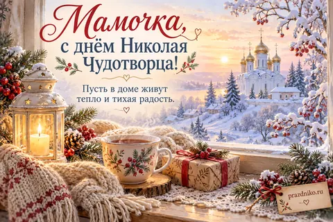 Открытка «День святителя Николая Чудотворца» — маме: Мамочка, с днём Николая Чудотворца!
Пусть в доме живут тепло и тихая радость.