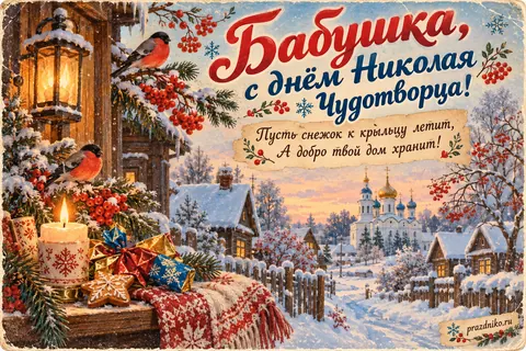 Открытка «День святителя Николая Чудотворца» — бабушке: Бабушка, с днём Николая Чудотворца!
Пусть снежок к крыльцу летит,
А добро твой дом хранит!