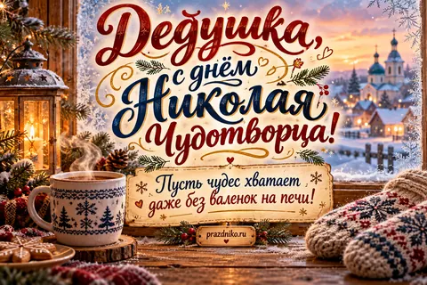 Открытка «День святителя Николая Чудотворца» — дедушке: Дедушка, с днём Николая Чудотворца!
Пусть чудес хватает даже без валенок на печи!