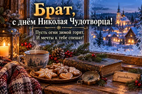 Открытка «День святителя Николая Чудотворца» — брату: Брат, с днём Николая Чудотворца!
Пусть огни зимой горят,
И мечты к тебе спешат!
