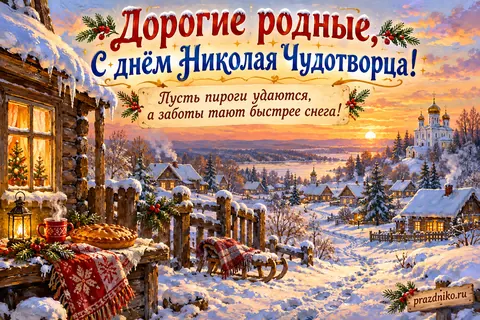Открытка «День святителя Николая Чудотворца» — родителям: Дорогие родные,
С днём Николая Чудотворца!
Пусть пироги удаются,
а заботы тают быстрее снега!