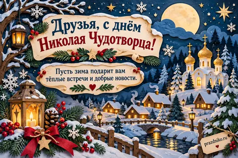 Открытка «День святителя Николая Чудотворца» — друзьям: Друзья, с днём Николая Чудотворца!
Пусть зима подарит вам тёплые встречи и добрые новости.
prazdniko.ru