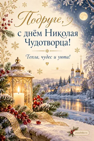 Открытка «День святителя Николая Чудотворца» — подруге: Подруге, с днём Николая Чудотворца!
Тепла, чудес и уюта!
prazdniko.ru