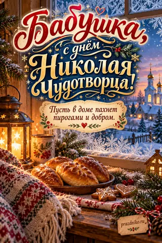 Открытка «День святителя Николая Чудотворца» — бабушке: Бабушка, с днём Николая Чудотворца!
Пусть в доме пахнет пирогами и добром.
prazdniko.ru