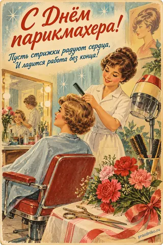 Открытка «День парикмахера»: С Днём парикмахера!
Пусть стрижки радуют сердца,
И ладится работа без конца!