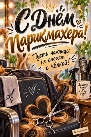 Открытка «День парикмахера» — папе: С Днём парикмахера!
Пусть ножницы не спорят с чёлкой!
Лучшему nane в своём деле!