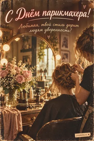 Открытка «День парикмахера» — любимой: С Днём парикмахера!
Любимая, твой стиль дарит людям уверенность!