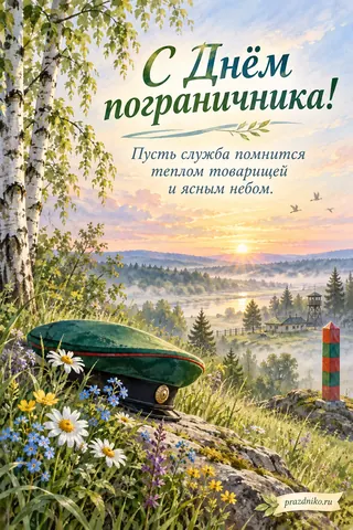 Открытка «День пограничника»: С Днём пограничника!
Пусть служба помнится теплом товарищей и ясным небом.