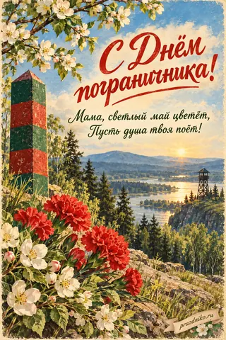 Открытка «День пограничника» — маме: С Днём пограничника!
Мама, светлый май цветёт,
Пусть душа твоя поёт!