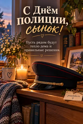 Открытка «День сотрудника органов внутренних дел» — сыну: С Днём полиции, сынок!
Пусть рядом будут тепло дома и правильные решения.
prazdniko.ru