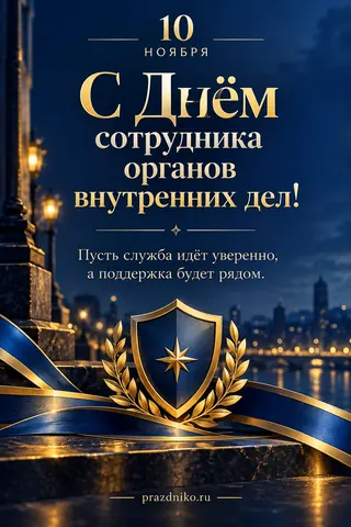 Открытка «День сотрудника органов внутренних дел»: 10 ноября
С Днём сотрудника органов внутренних дел!
Пусть служба идёт уверенно, а поддержка будет рядом.
prazdniko.ru