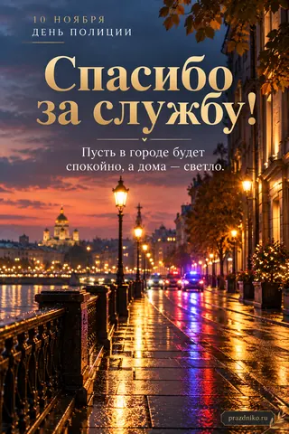 Открытка «День сотрудника органов внутренних дел»: 10 ноября
День полиции
Спасибо за службу!
Пусть в городе будет спокойно, а дома — светло.
prazdniko.ru