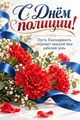 Открытка «День сотрудника органов внутренних дел»: С Днём полиции!
Пусть благодарность согревает каждый ваш рабочий день.
prazdniko.ru