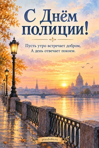 Открытка «День сотрудника органов внутренних дел»: С Днём полиции!
Пусть утро встречает добром,
А день отвечает покоем.
prazdniko.ru