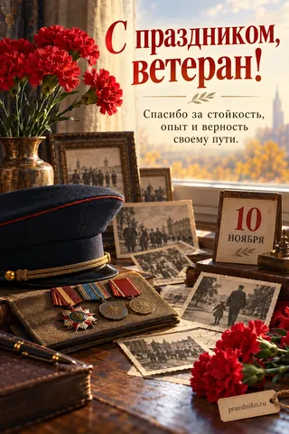 Открытка «День сотрудника органов внутренних дел» — ветеранам: С праздником, ветеран!
Спасибо за стойкость,
опыт и верность
своему пути.
10 НОЯБРЯ
prazdniko.ru