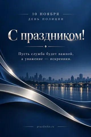 Открытка «День сотрудника органов внутренних дел»: 10 НОЯБРЯ
ДЕНЬ ПОЛИЦИИ
С праздником!
Пусть служба будет важной,
а уважение — искренним.
prazdniko.ru