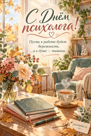 Открытка «День психолога»: С Днём психолога!
Пусть в работе будет бережность, а в душе — тишина.
prazdniko.ru