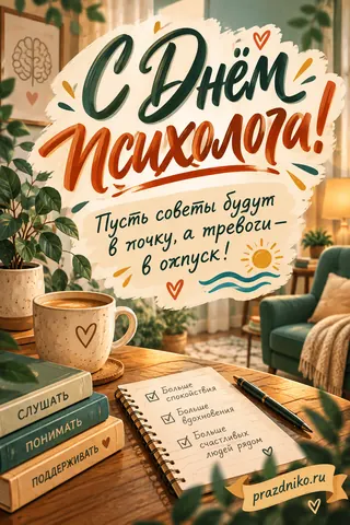 Открытка «День психолога»: С Днём психолога!
Пусть советы будут в почку, а тревоги — в ожпуск!
СЛУШАТЬ ПОНИМАТЬ ПОДДЕРЖИВАТЬ
Больше спокойствия
Больше вдохновения
Больше счастливых людей рядом
prazdniko.ru