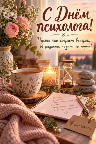 Открытка «День психолога»: С Днём психолога!
Пусть чай согреет вечерок,
И радость сядет на порог!
Спокойствие Гармония Вдохновение
Больше ресурсов
Счастливых людей рядом
Интересных идей
и большой радости!
prazdniko.ru