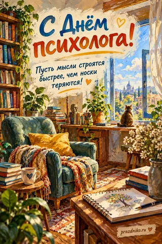 Открытка «День психолога»: С Днём психолога!
Пусть мысли строятся быстрее, чем носки теряются!
prazdniko.ru