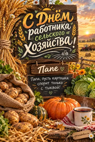 Открытка «День работника сельского хозяйства и перерабатывающей промышленности» — папе: С Днём работника сельского Хозяйства!
Папе
Папа, пусть картошка спорит только с тыквой!
prazdniko.ru