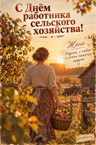 Открытка «День работника сельского хозяйства и перерабатывающей промышленности» — жене: С Днём работника сельского хозяйства!
Жене
Родная, с побой и осень кажется щедрее.
prazdniko.ru