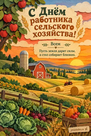 Открытка «День работника сельского хозяйства и перерабатывающей промышленности»: С Днём работника сельского хозяйства!
Всем
Пусть земля дарит силы,
а стол собирает близких.