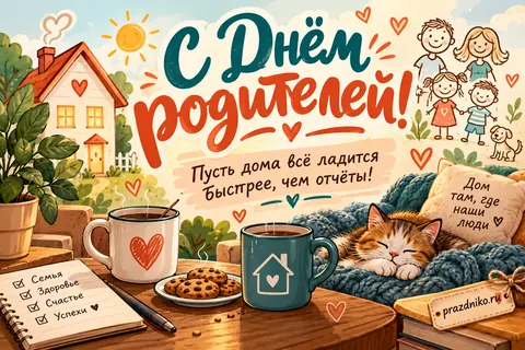 Открытка «День родителей» — родителям: С Днём родителей!
Пусть дома всё ладится
Быстрее, чем отчёты!
Дом там, где наши люди