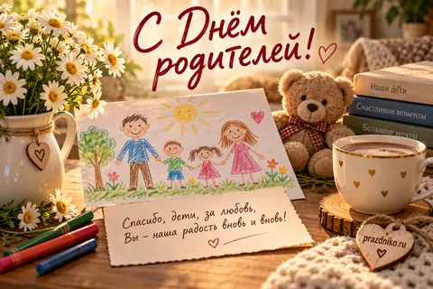 Открытка «День родителей» — детям: С Днём родителей!
Спасибо, дети, за любовь,
Вы – наша радость вновь и вновь!