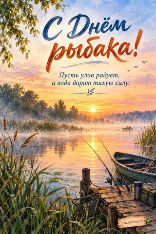 Открытка «День рыбака»: С Днём рыбака!
Пусть улов радует, а вода дарит тихую силу.