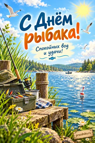Открытка «День рыбака»: С Днём рыбака!
Спокойных вод и удачи!