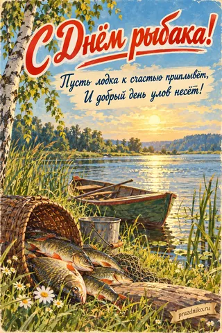 Открытка «День рыбака»: С Днём рыбака!
Пусть лодка к счастью приплывёт,
И добрый день улов несёт!