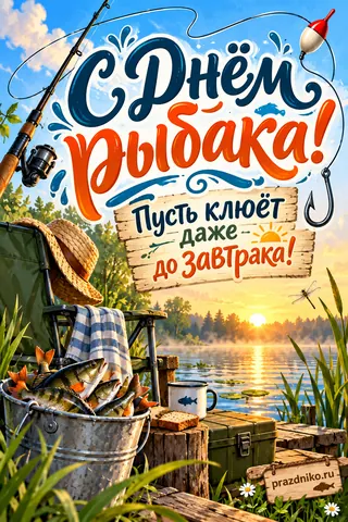 Открытка «День рыбака»: С Днём рыбака!
Пусть клюёт даже до завтрака!