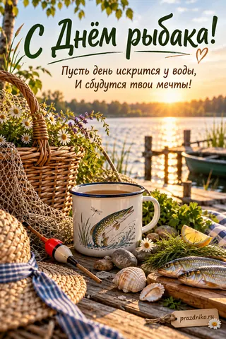 Открытка «День рыбака»: С Днём рыбака!
Пусть день искрится у воды,
И сбудутся твои мечты!