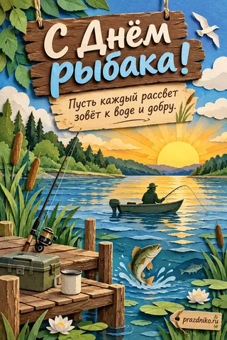 Открытка «День рыбака»: С Днём рыбака!
Пусть каждый рассвет зовёт к воде и добру.