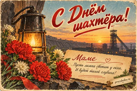 Открытка «День шахтёра» — маме: С Днём шахтёра!
Маме
Пусть лампа светит у окна,
И будет тихой глубина!