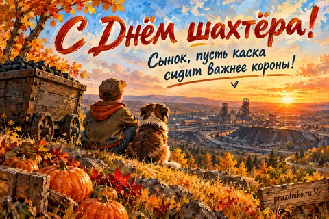 Открытка «День шахтёра» — сыну: С Днём шахтёра!
Сынок, пусть каска
сидит важнее короны!