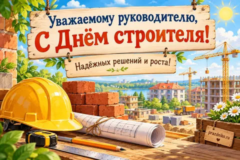 Открытка «День строителя» — руководителю: Уважаемому руководителю,
С Днём строителя!
Надёжных решений и роста!
