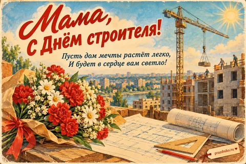 Открытка «День строителя» — маме: Мама, с Днём строителя!
Пусть дом мечты растёт легко,
И будет в сердце вам светло!