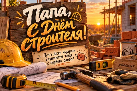 Открытка «День строителя» — папе: Папа, с Днём строителя!
Пусть даже кирпичи слушаются тебя с первого слова!