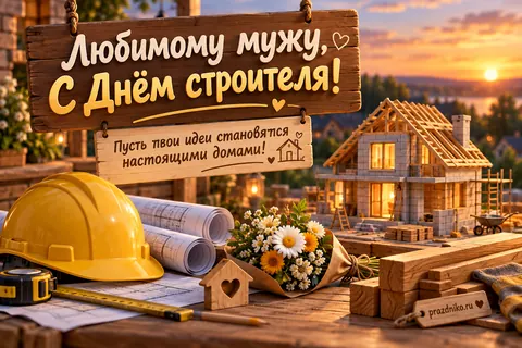 Открытка «День строителя» — мужу: Любимому мужу,
С Днём строителя!
Пусть пвои идеи становятся настоящими домами!