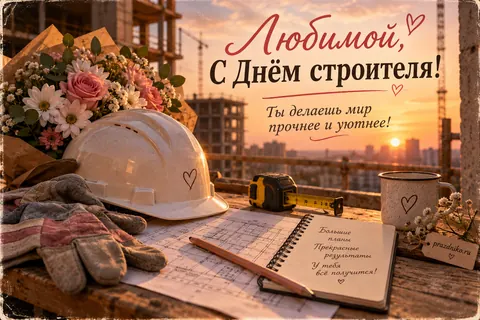 Открытка «День строителя» — любимой: Любимой,
С Днём строителя!
Ты делаешь мир прочнее и уютнее!
Большие планы
Прекрасные результаты
У тебя всё получится!