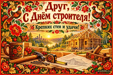 Открытка «День строителя» — другу: Друг, с Днём строителя!
Крепких стен и удачи!