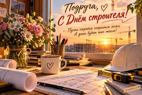 Открытка «День строителя» — подруге: Подруга, С Днём строителя!
Пусть стройка спорится легко,
А дома будет так тепло!
