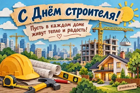 Открытка «День строителя»: С Днём строителя!
Пусть в каждом доме живут тепло и радость!