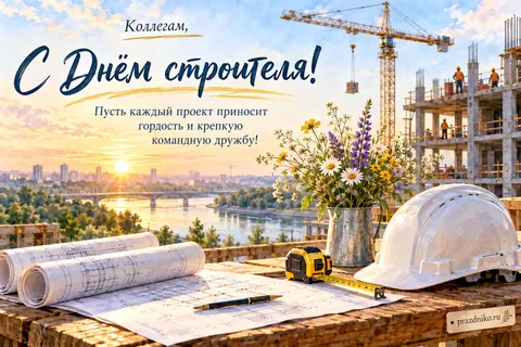 Открытка «День строителя» — коллегам: Коллегам,
С Днём строителя!
Пусть каждый проект приносит гордость и крепкую командную дружбу!