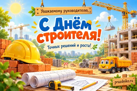 Открытка «День строителя» — руководителю: Уважаемому руководителю,
С Днём строителя!
Точных решений и роста!