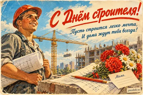 Открытка «День строителя» — маме: С Днём строителя!
Пусть строится легко мечта,
И дома ждут тебя всегда!
Мама,
