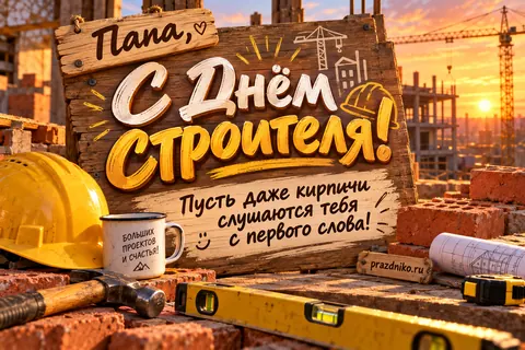 Открытка «День строителя» — папе: Папа,
С Днём строителя!
Пусть даже кирпичи слушаются тебя с первого слова!
Больших проектов и счастья!
