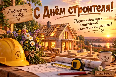 Открытка «День строителя» — мужу: Любимому мужу,
С Днём строителя!
Пусть твои идеи становятся настоящими домами!